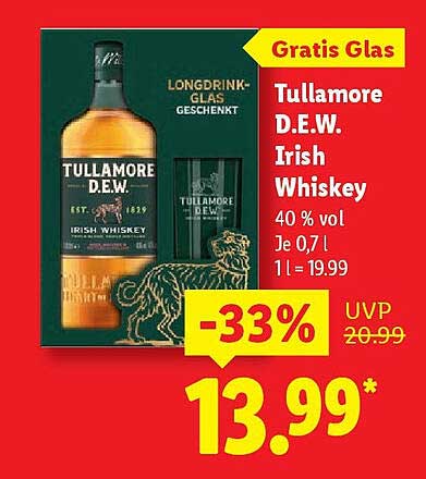 Tullamore D.E.W. Irish Whiskey 0,7 l mit Gratis Longdrink-Glas
