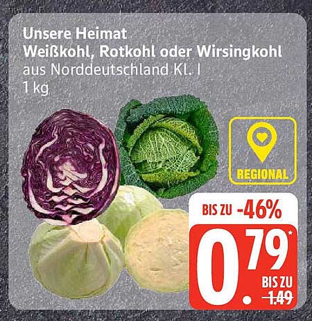 Unsere Heimat Weißkohl, Rotkohl oder Wirsingkohl aus Norddeutschland KL. I 1 kg