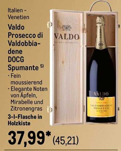 Valdo Prosecco di Valdobbiadene DOCG Spumante 3-l Flasche in Holzbox