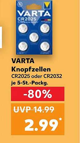 VARTA Knopfzellen CR2025 oder CR2032 je 5-St.-Pack.