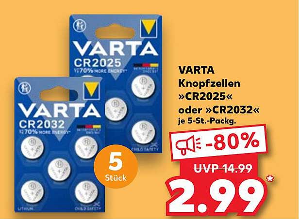 VARTA Knopfzellen »CR2025« oder »CR2032« je 5-Stück-Pack.