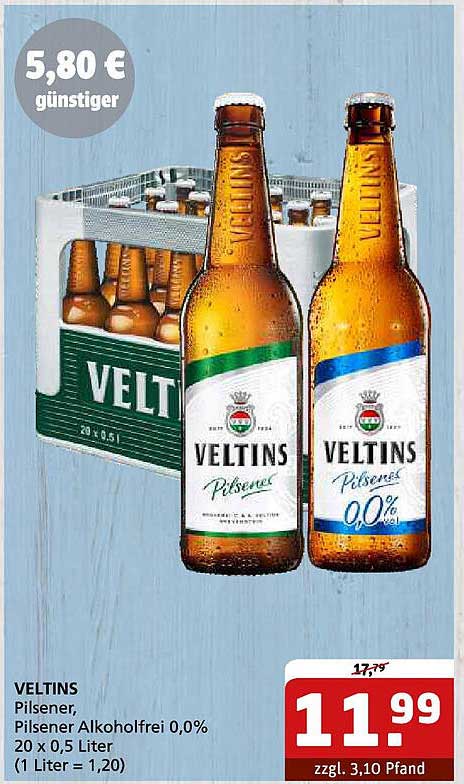 VELTINS Pilsener, Pilsener Alkoholfrei 0,0%, 20 x 0,5 Liter