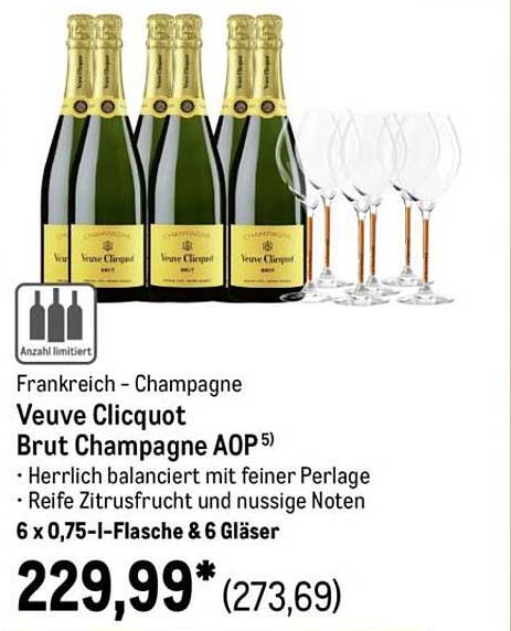 Veuve Clicquot Brut Champagne AOP – 6 x 0,75 l-Flasche & 6 Gläser