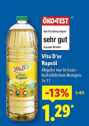 Vita D'or Rapsöl - Abgabe nur in haushaltsüblichen Mengen. Je 1 L