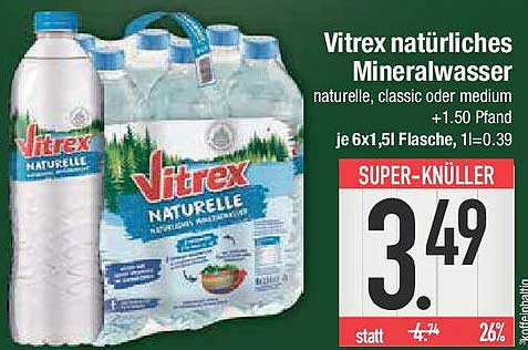 Vitrex natürliches Mineralwasser, 6 x 1,5 l