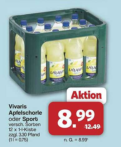 Vivaris Apfelschorle oder Sport, 12 x 1-L-Kiste