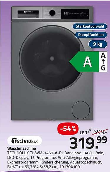 Waschmaschine TECHNOLUX TL-WM-1459-A-DI, Dark Inox, 9 kg