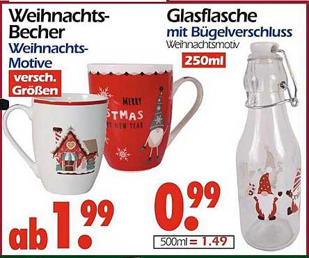 Weihnachts-Becher und Glasflasche mit Bügelverschluss