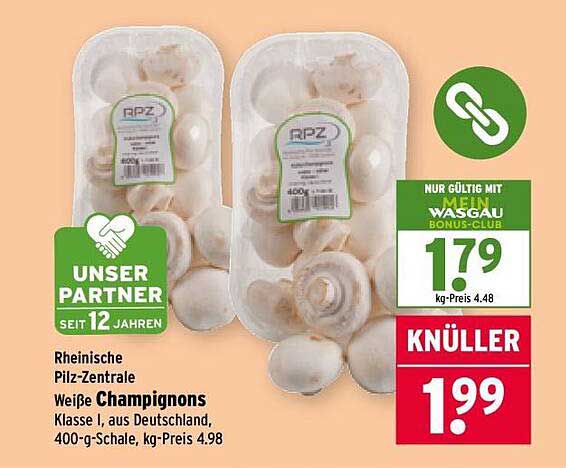 Weiße Champignons Klasse I, 400-g-Schale