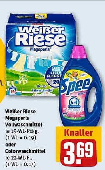 Weißer Riese Megaperls Vollwaschmittel je 19-WL-Pckg. oder Colorwaschmittel je 22-WL-Fl.