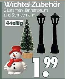 Wichtel-Zubehör 4-teilig: 2 Laternen, Tannenbaum und Schneemann