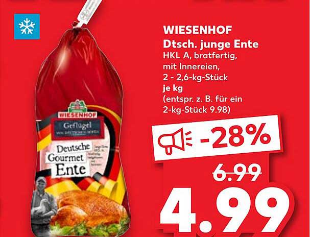 WIESENHOF Dtsch. junge Ente, bratfertig, mit Innereien, 2-2.6-kg-Stück je kg