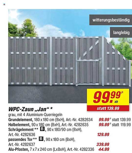 WPC-Zaun „Jan“ – Grau mit 4 Aluminium-Querriegeln