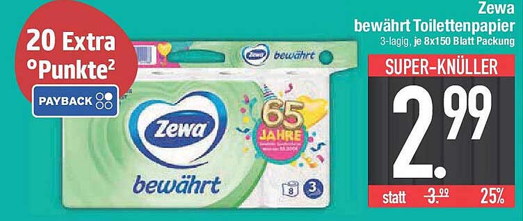 Zewa bewährt Toilettenpapier 3-lagig, je 8x150 Blatt Packung