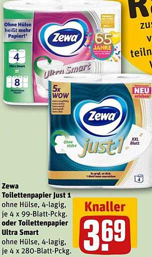 Zewa Toilettenpapier Just 1 - 4-lagig, XXL Blatt, ohne Hülle