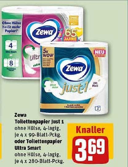 Zewa Toilettenpapier Just 1 ohne Hülse, 4-lagig, je 4 x 99-Blatt-Packung