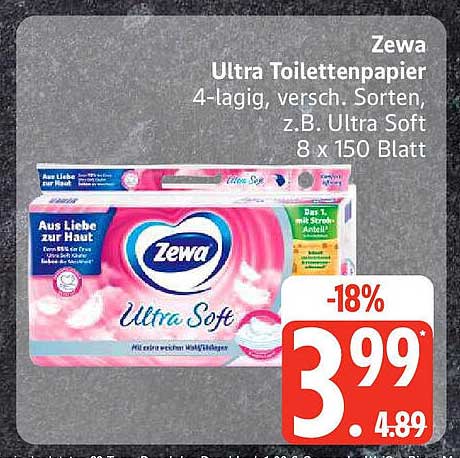 Zewa Ultra Toilettenpapier 4-lagig, 8 x 150 Blatt