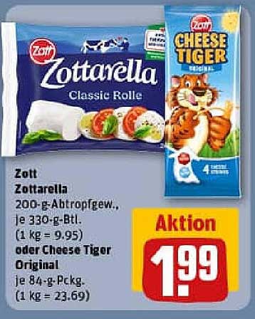Zott Zottarella 200-g Abtropfgewicht oder Cheese Tiger Original 84-g Packung