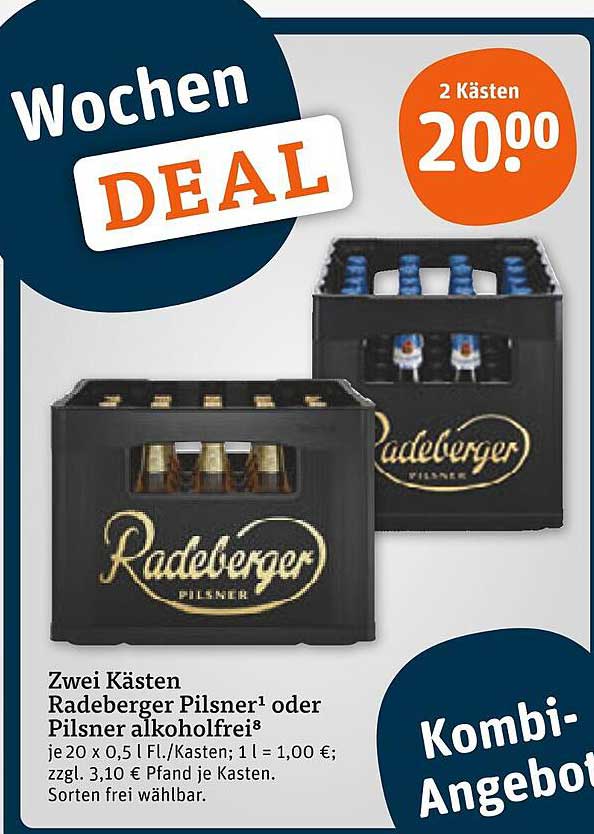 Zwei Kästen Radeberger Pilsner oder Pilsner alkoholfrei für 20,00 €