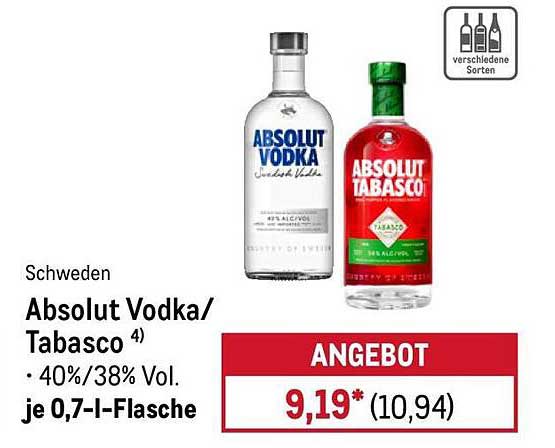 Absolut Vodka/Tabasco je 0,7-l-Flasche