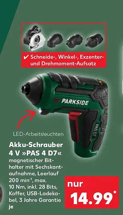 Akku-Schrauber 4 V »PAS 4 D7« magnetischer Bit-halter mit Sechskantaufnahme, Leerlauf 200 min-1, max. 10 Nm, inkl. 28 Bits, Koffer, USB-Lade-kabel, 3 Jahre Garantie je