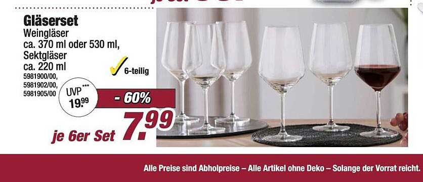 Gläserset Weingläser ca. 370 ml oder 530 ml, Sektgläser ca. 220 ml 6-teilig