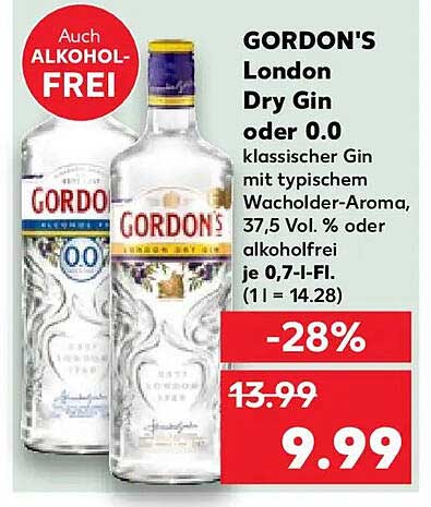 GORDON'S London Dry Gin oder 0.0 klassischer Gin mit typischem Wacholder-Aroma, 37,5 Vol. % oder alkoholfrei je 0,7-l-Fl.