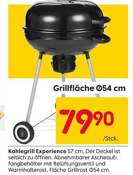Kohlegrill Experience 57 cm. Der Deckel ist seitlich zu öffnen. Abnehmbarer Ascheauffangbehälter mit Belüftungsventil und Warmhalterost. Fläche Grillrost Ø54 cm.