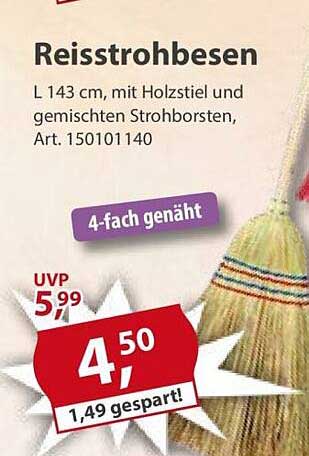 Reisstrohbesen L 143 cm, mit Holzstiel und gemischten Strohborsten, Art. 150101140