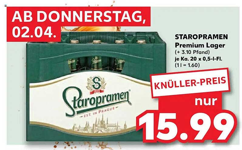 STAROPRAMEN Premium Lager (+ 3.10 Pfand) je Ka. 20 x 0,5-l-Fl.