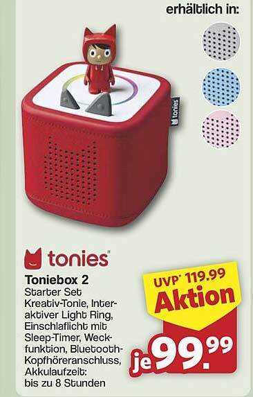 Toniebox 2 Starter Set Kreativ-Tonie, Interaktiver Light Ring, Einschlaflicht mit Sleep-Timer, Weckfunktion, Bluetooth-Kopfhöreranschluss, Akkulaufzeit: bis zu 8 Stunden