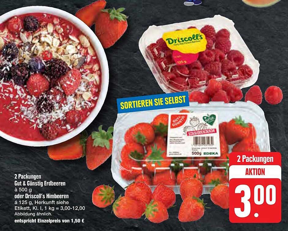 2 Packungen Gut & Günstig Erdbeeren à 500 g oder Driscoll's Himbeeren à 125 g