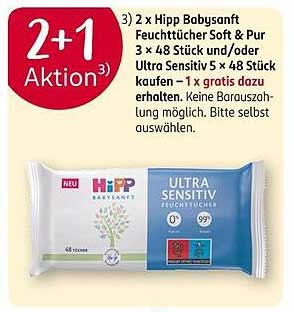 2 x Hipp Babysanft Feuchttücher Soft & Pur 3 x 48 Stück und/oder Ultra Sensitiv 5 x 48 Stück kaufen – 1 x gratis dazu erhalten
