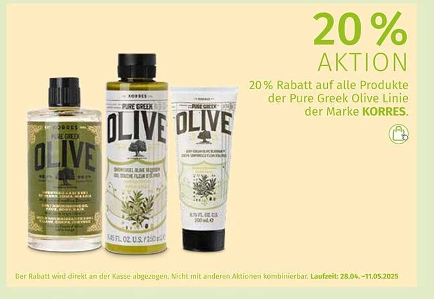 20% Rabatt auf alle Produkte der Pure Greek Olive Linie von KORRES