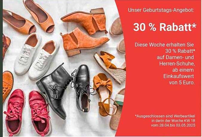 30 % Rabatt auf Damen- und Herrenschuhe vom 28.04. bis 03.05.2025