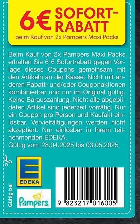 6 € Sofortrabatt beim Kauf von 2x Pampers Maxi Packs