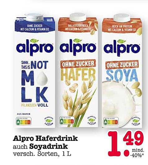 Alpro Haferdrink auch Soyadrink verschiedenste Sorten, 1 L
