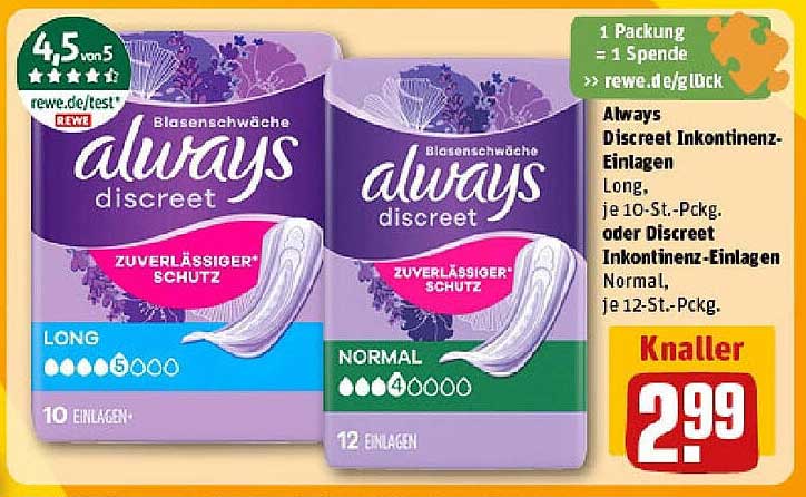 Always Discreet Inkontinenz-Einlagen Long (10 St.) oder Normal (12 St.)