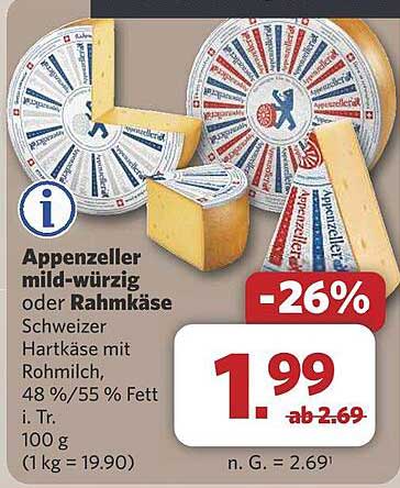 Appenzeller mild-würzig oder Rahmkäse
