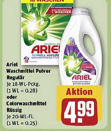 Ariel Waschmittel Pulver Regular 18-WL oder Colorwaschmittel flüssig 20-WL
