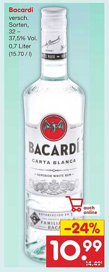 Bacardi Carta Blanca 0,7 Liter – 37,5% Vol.