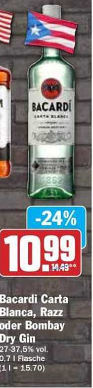 Bacardi Carta Blanca, Razz oder Bombay Dry Gin 0,7 L Flasche