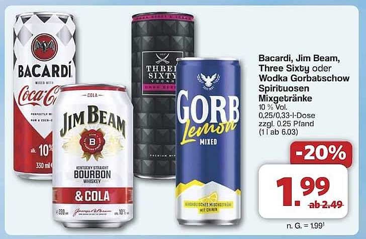 Bacardi, Jim Beam, Three Sixty oder Vodka Gorbaschow Spirituosen Mixgetränke