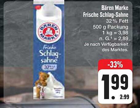Bären Marke Frische Schlag-Sahne 32% Fett 500 g