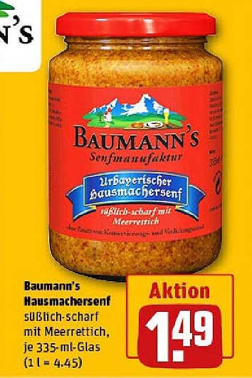 Baumann's Hausmachersenf süßlich-scharf mit Meerrettich, 335 ml