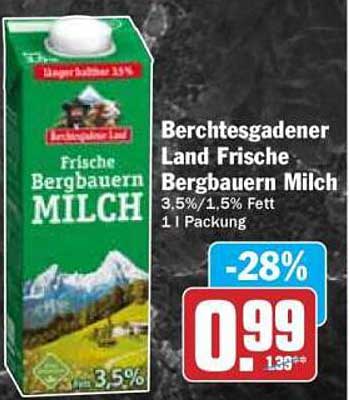 Berchtesgadener Land Frische Bergbauern Milch 3,5%/1,5% Fett 1 l Packung