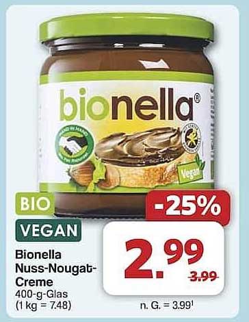 Bionella Nuss-Nougat-Creme 400-g-Glas (1 kg = 7,48)