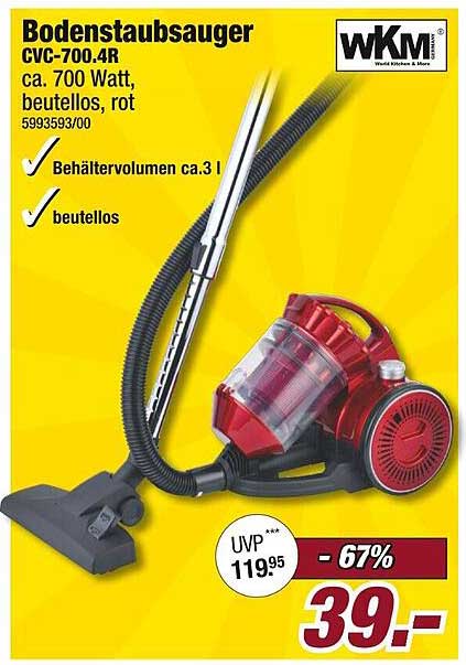 Bodenstaubsauger CVC-700.4R, ca. 700 Watt, beutellos, rot