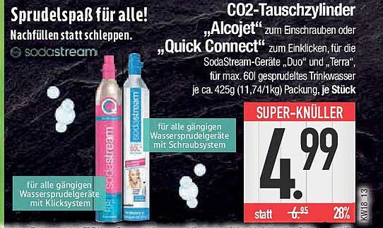 CO2-Tauschzylinder ‚Alcojet‘ zum Einschrauben oder ‚Quick Connect‘ zum Einklinken von SodaStream