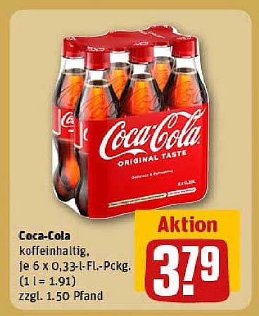 Coca-Cola 6er-Pack, koffeinhaltig, 0,33 l-Flaschen